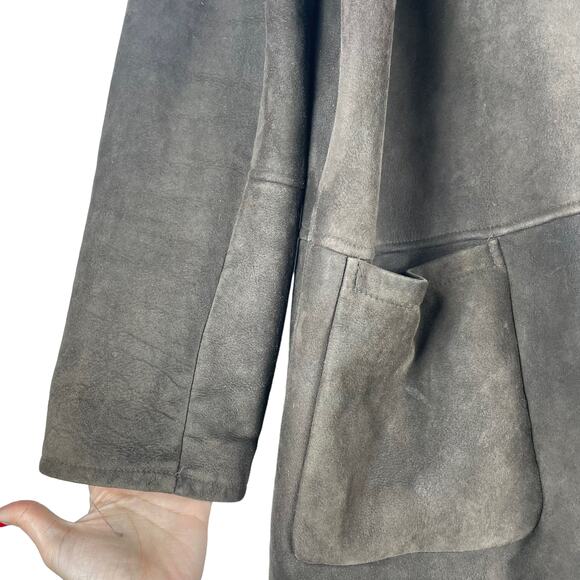 Men's Genuine Suede Shearling Long Coat Jacket Custom Made Brown Size 3XL - Picture 5 of 9